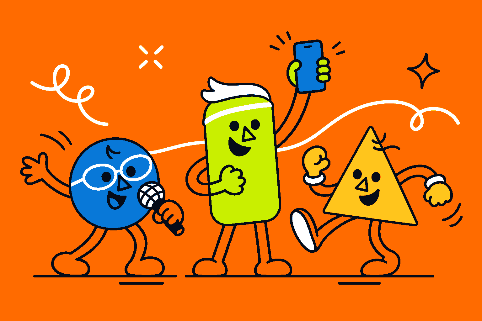 Colourful characters singing, dancing and sharing a song